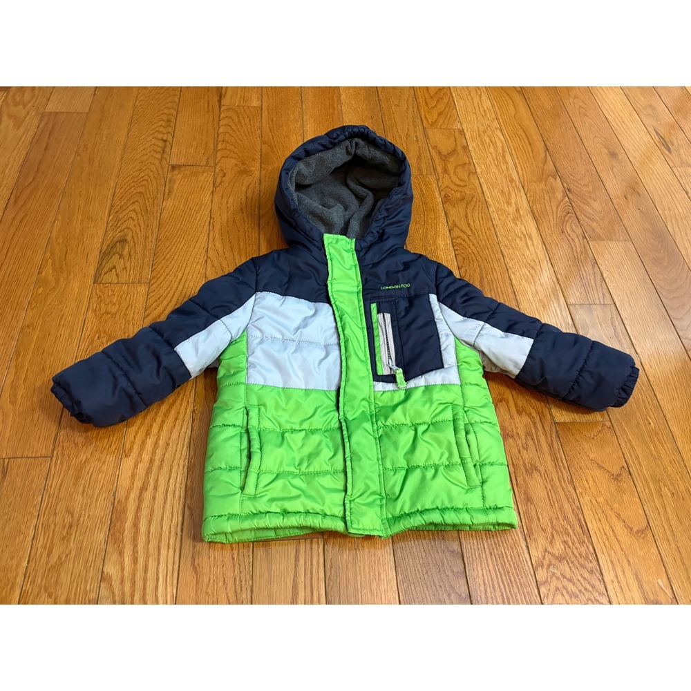 London Fog Boys 4T Navy Blue Lime Green Colorblock Hooded Puffer Winter Jacket